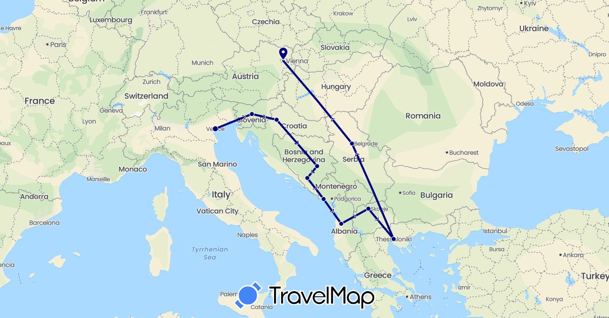 TravelMap itinerary: driving in Albania, Austria, Bosnia and Herzegovina, Greece, Croatia, Italy, Montenegro, Macedonia, Serbia, Slovenia (Europe)